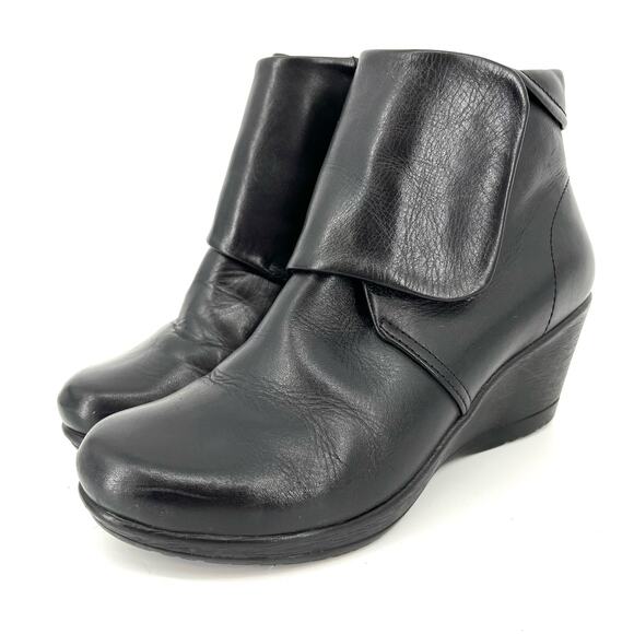 Dansko Women's 6.5 EU37 Romy Black Leather Ankle Wedge Wrap Booties Round Toe - Picture 1 of 9